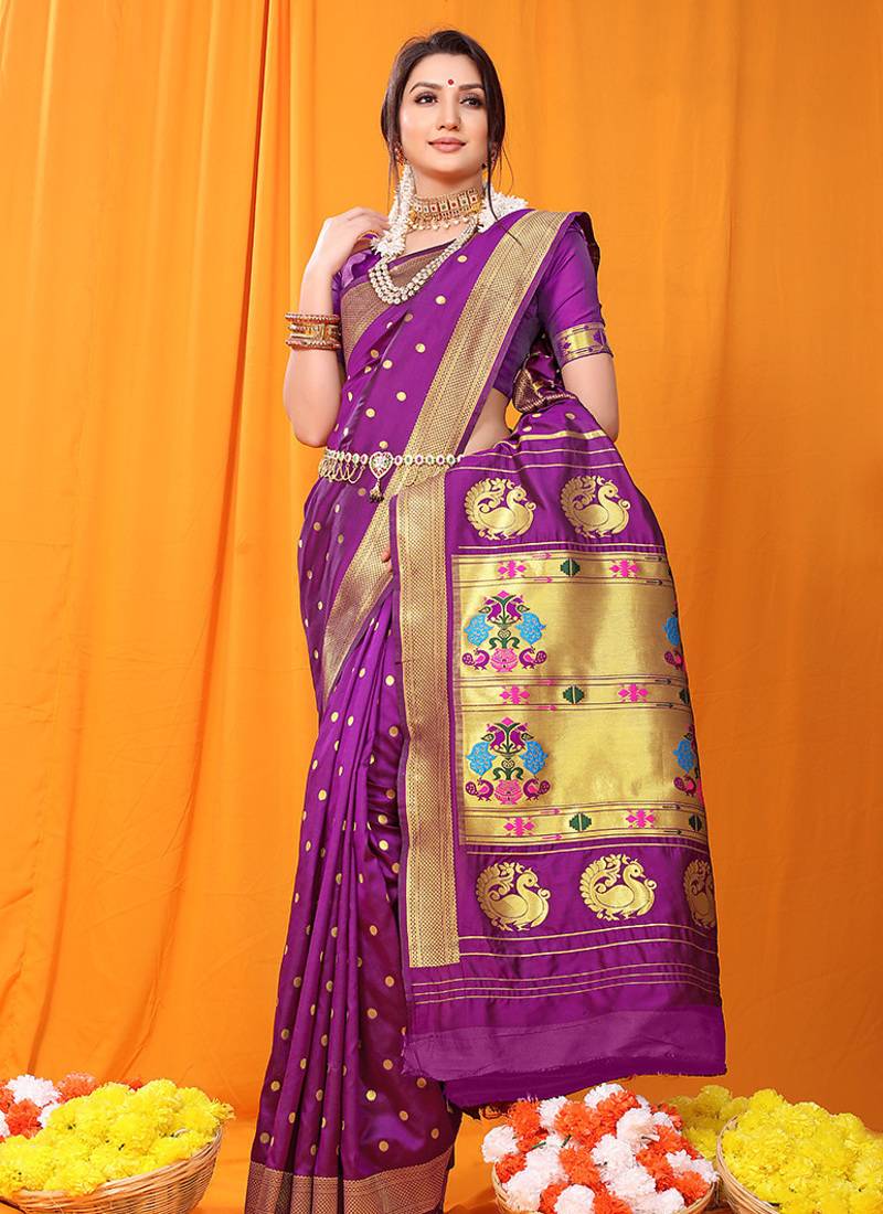 Magenta purple paithani silk blend saree with gold zari border & peacock pallu