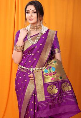 Magenta purple paithani silk blend saree with gold zari border & peacock pallu 3