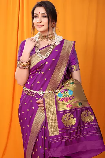Magenta purple paithani silk blend saree with gold zari border & peacock pallu