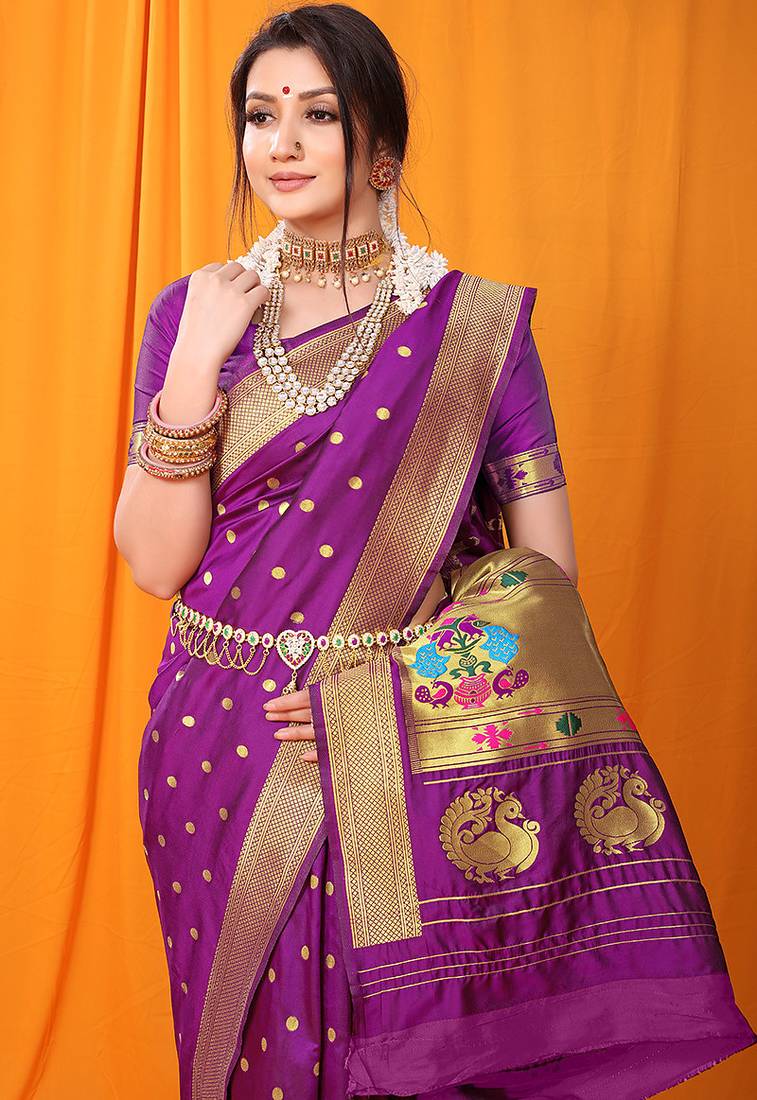 Magenta purple paithani silk blend saree with gold zari border & peacock pallu