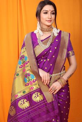 Magenta purple paithani silk blend saree with gold zari border & peacock pallu 4