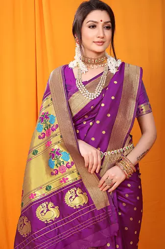 Magenta purple paithani silk blend saree with gold zari border & peacock pallu