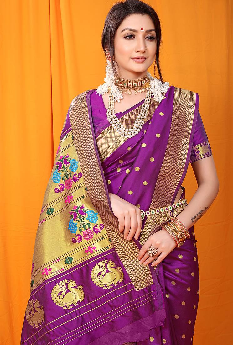 Magenta purple paithani silk blend saree with gold zari border & peacock pallu
