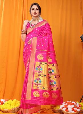 Rani pink paithani silk blend saree with gold zari border & peacock pallu 1