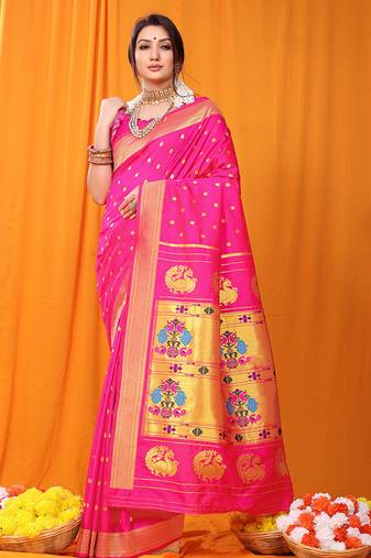 Rani pink paithani silk blend saree with gold zari border & peacock pallu