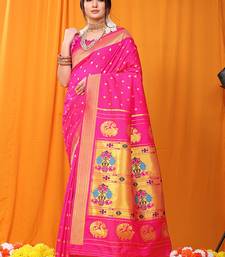 Rani pink paithani silk blend saree with gold zari border & peacock pallu