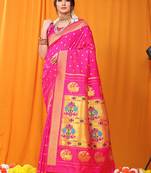 Rani pink paithani silk blend saree with gold zari border & peacock pallu