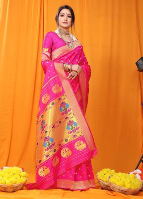 Rani pink paithani silk blend saree with gold zari border & peacock pallu 2