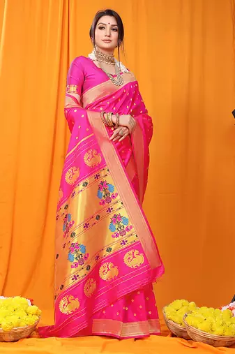 Rani pink paithani silk blend saree with gold zari border & peacock pallu