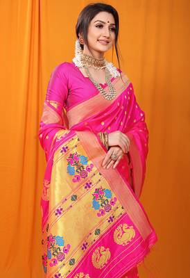 Rani pink paithani silk blend saree with gold zari border & peacock pallu 3