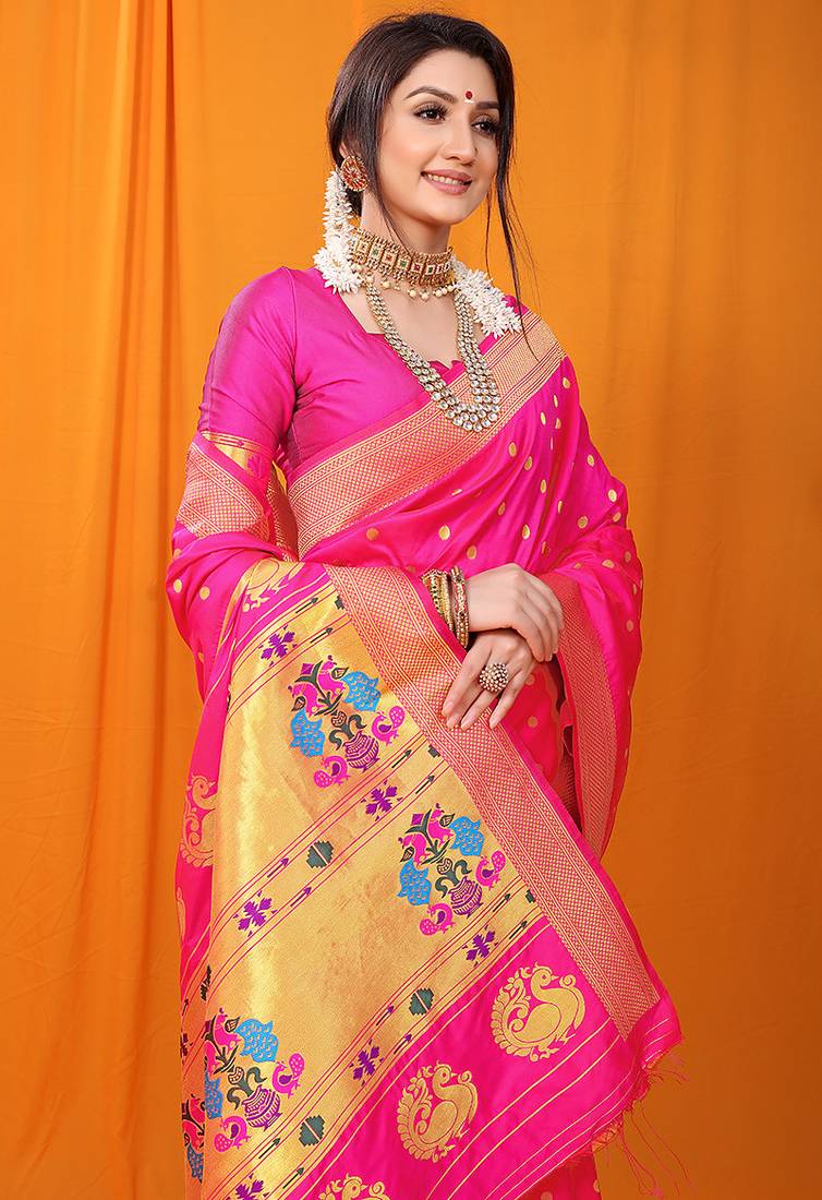 Rani pink paithani silk blend saree with gold zari border & peacock pallu