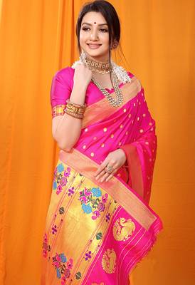Rani pink paithani silk blend saree with gold zari border & peacock pallu 4