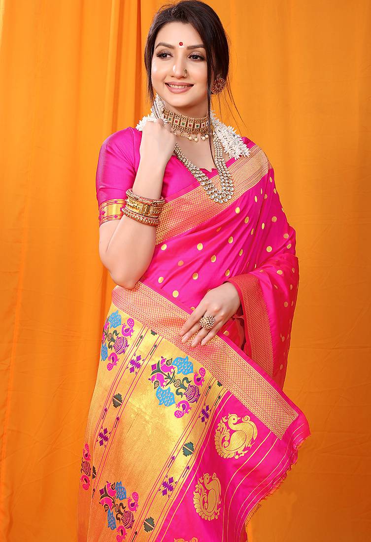 Rani pink paithani silk blend saree with gold zari border & peacock pallu