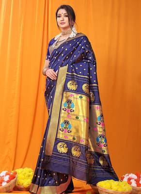 Navy blue paithani silk blend saree with gold zari border & peacock pallu 1