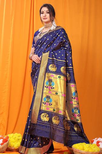 Navy blue paithani silk blend saree with gold zari border & peacock pallu