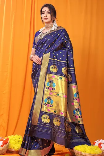 Navy blue paithani silk blend saree with gold zari border & peacock pallu