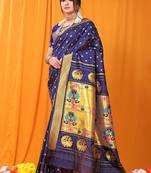 Navy blue paithani silk blend saree with gold zari border & peacock pallu