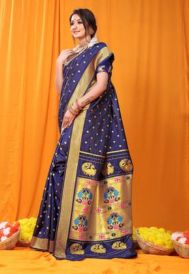 Navy blue paithani silk blend saree with gold zari border & peacock pallu 2