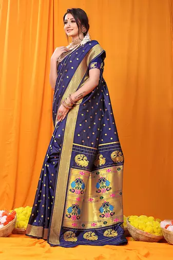 Navy blue paithani silk blend saree with gold zari border & peacock pallu