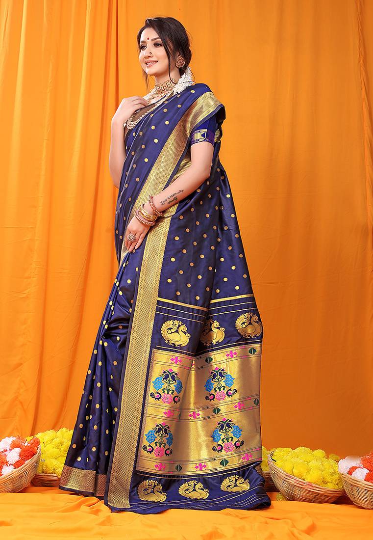 Navy blue paithani silk blend saree with gold zari border & peacock pallu