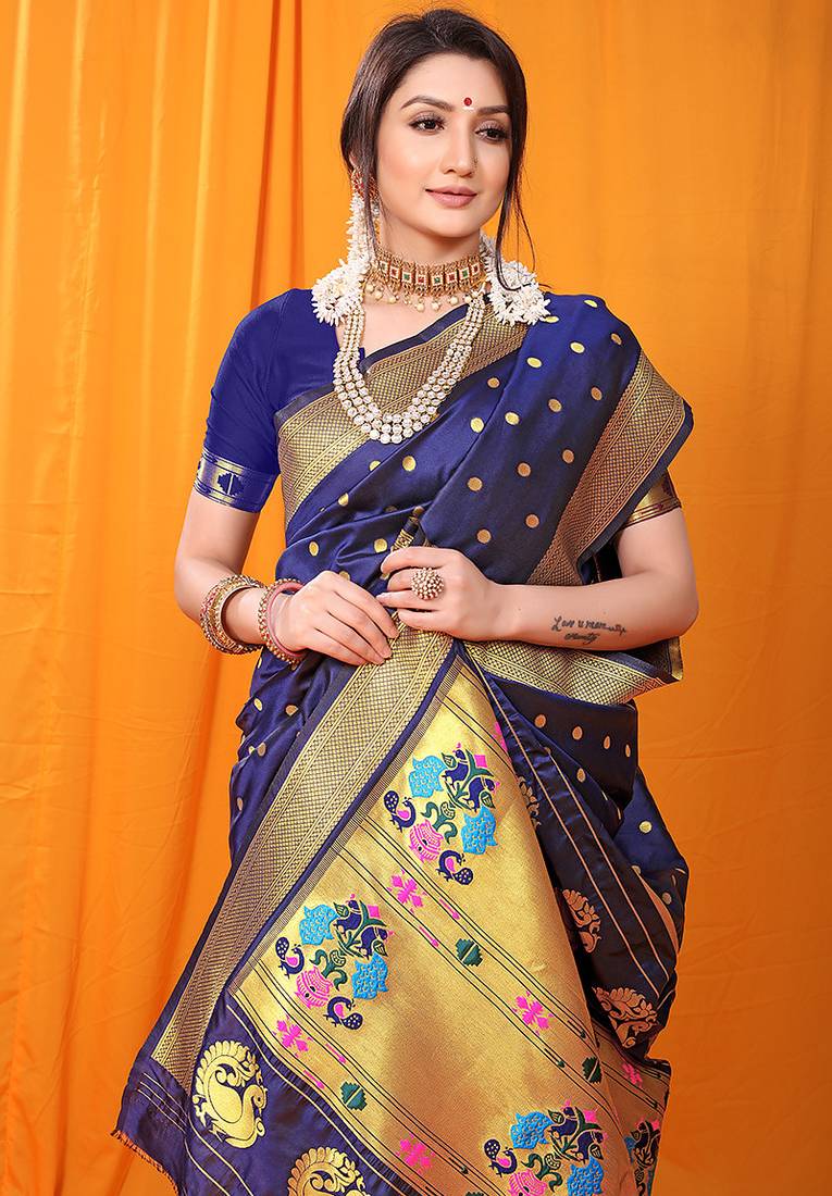 Navy blue paithani silk blend saree with gold zari border & peacock pallu
