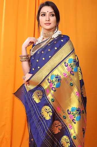 Navy blue paithani silk blend saree with gold zari border & peacock pallu