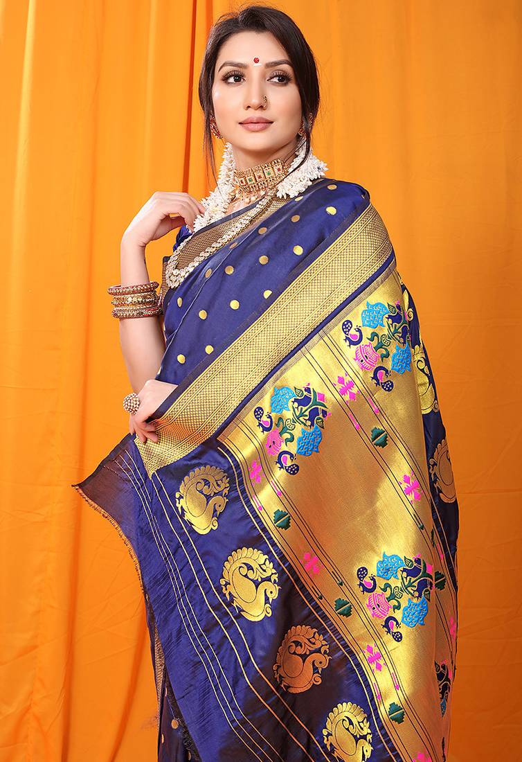 Navy blue paithani silk blend saree with gold zari border & peacock pallu