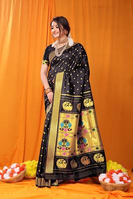 Black paithani silk blend saree with gold zari border & peacock pallu 1