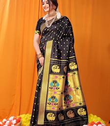 Black paithani silk blend saree with gold zari border & peacock pallu