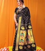 Black paithani silk blend saree with gold zari border & peacock pallu