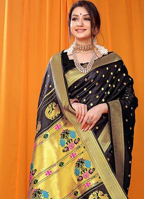 Black paithani silk blend saree with gold zari border & peacock pallu 2