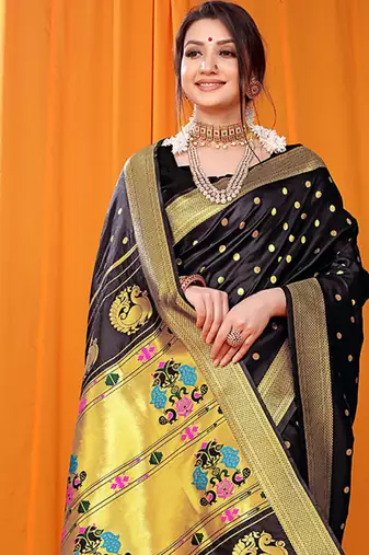Black paithani silk blend saree with gold zari border & peacock pallu