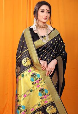 Black paithani silk blend saree with gold zari border & peacock pallu 3