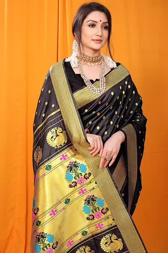 Black paithani silk blend saree with gold zari border & peacock pallu