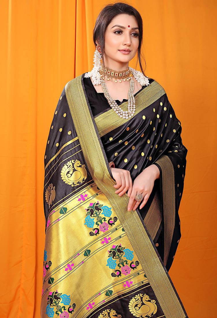 Black paithani silk blend saree with gold zari border & peacock pallu