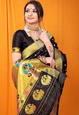 Black paithani silk blend saree with gold zari border & peacock pallu 4