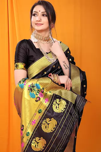 Black paithani silk blend saree with gold zari border & peacock pallu