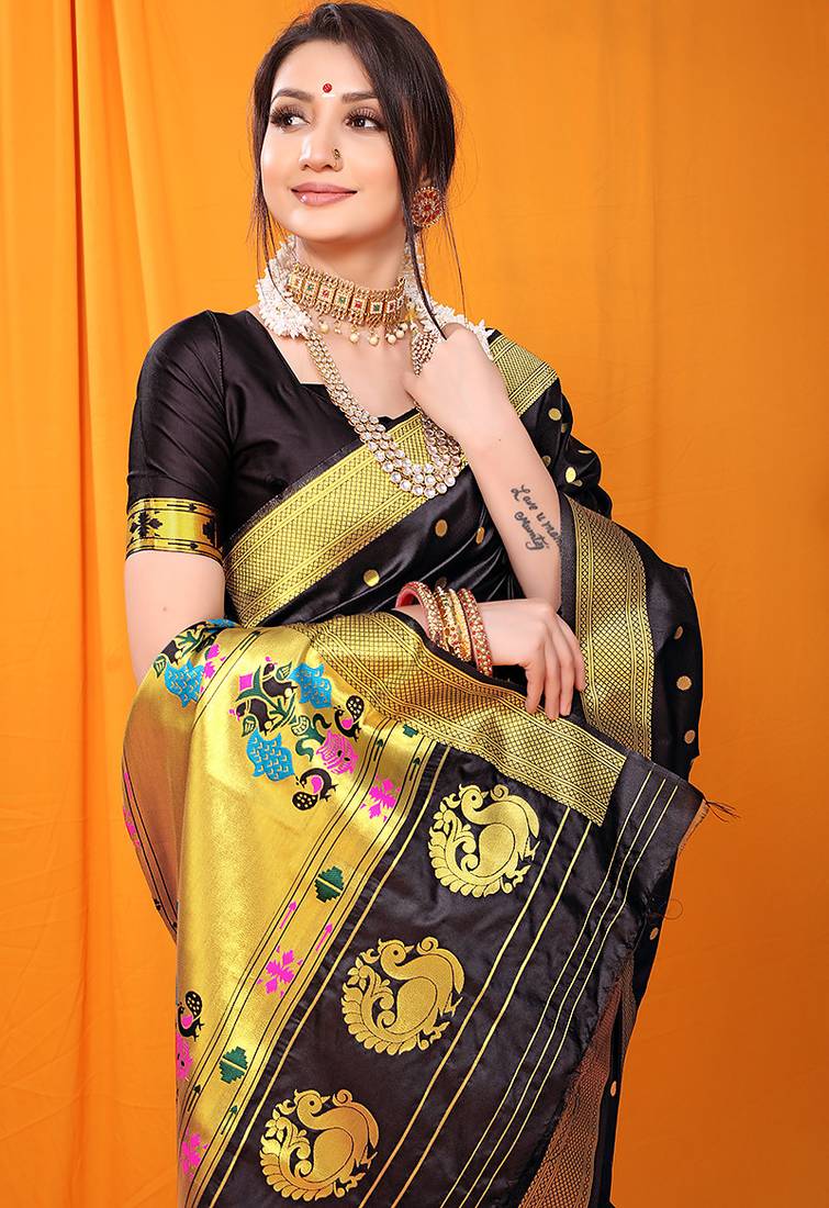 Black paithani silk blend saree with gold zari border & peacock pallu