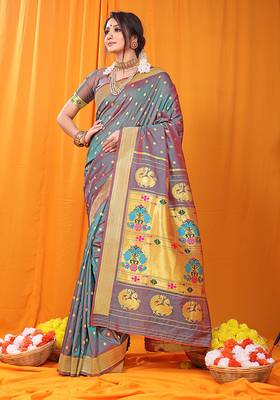 Grey paithani silk blend saree with gold zari border & peacock pallu 1