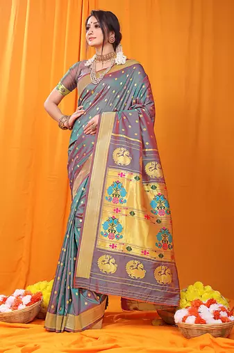 Grey paithani silk blend saree with gold zari border & peacock pallu