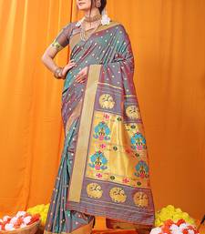 Grey paithani silk blend saree with gold zari border & peacock pallu
