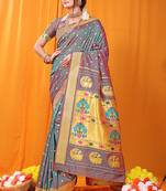Grey paithani silk blend saree with gold zari border & peacock pallu
