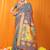 Grey paithani silk blend saree with gold zari border & peacock pallu