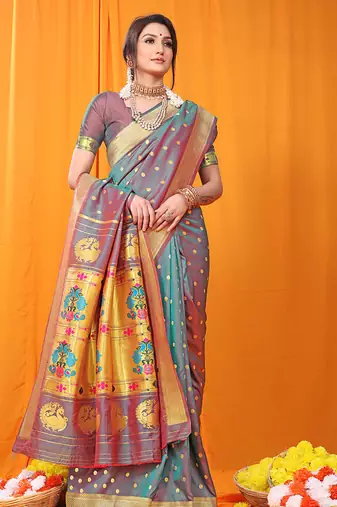 Grey paithani silk blend saree with gold zari border & peacock pallu