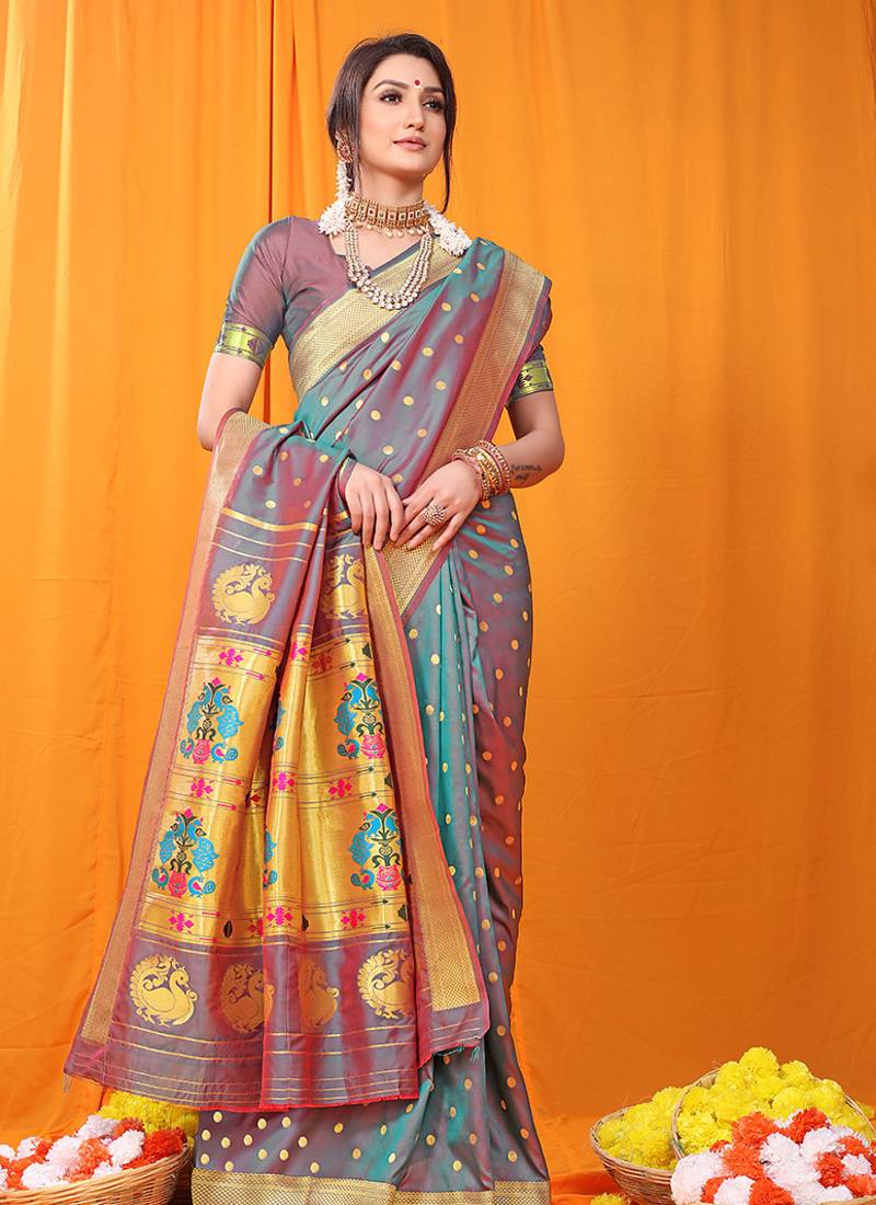 Grey paithani silk blend saree with gold zari border & peacock pallu