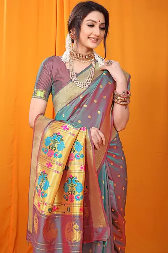 Grey paithani silk blend saree with gold zari border & peacock pallu
