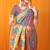 Grey paithani silk blend saree with gold zari border & peacock pallu