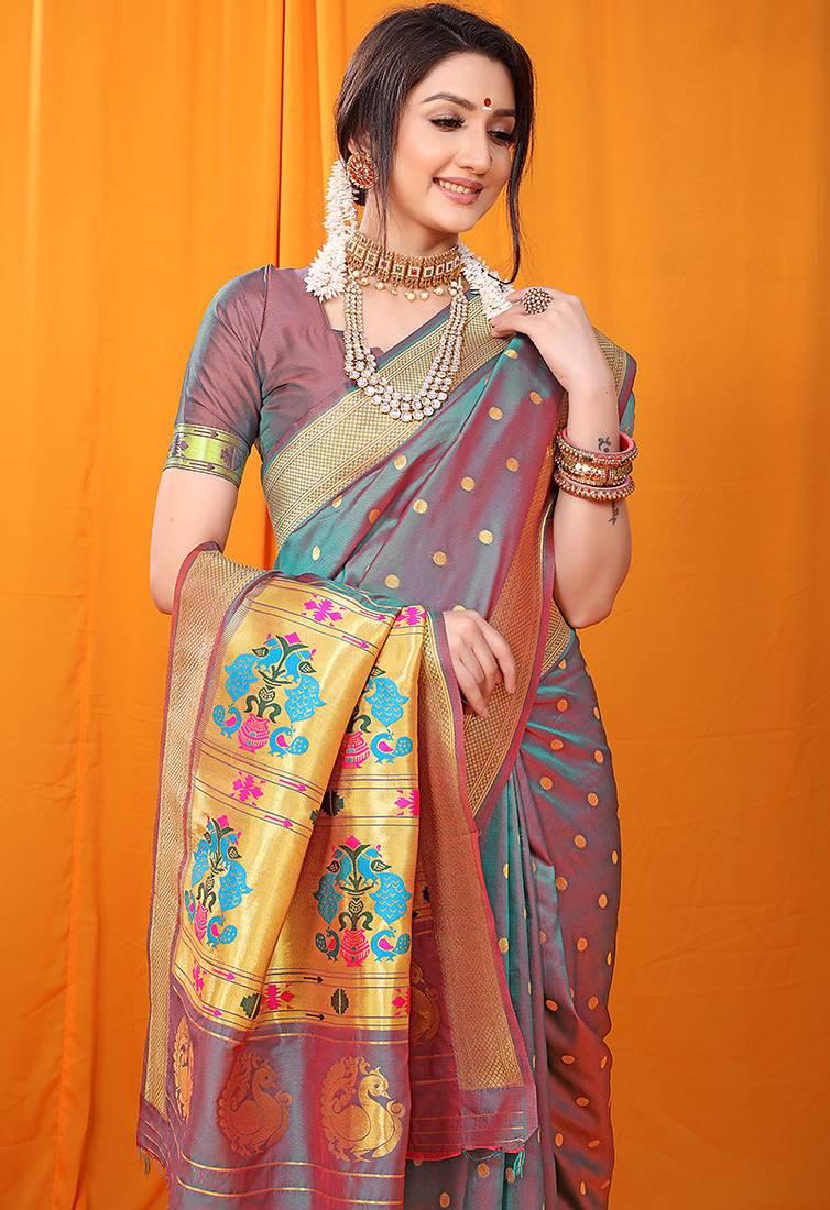 Grey paithani silk blend saree with gold zari border & peacock pallu