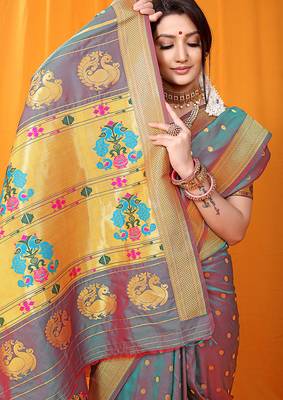 Grey paithani silk blend saree with gold zari border & peacock pallu 4