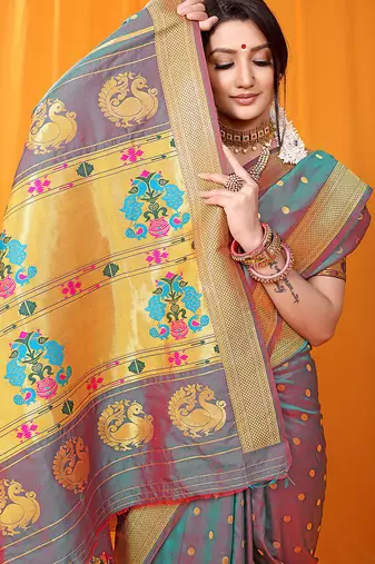 Grey paithani silk blend saree with gold zari border & peacock pallu